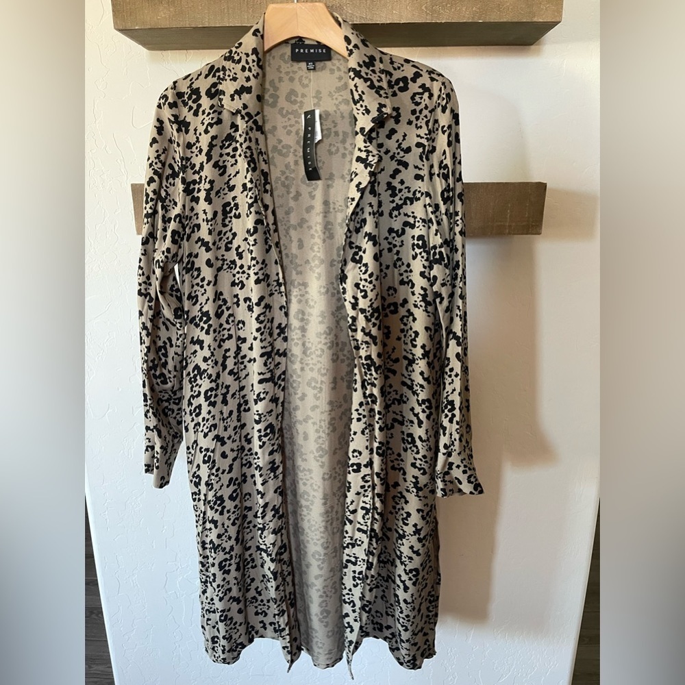 Premise|Olive Animal Print, Leopard Print Long Kimono Blazer, Size XS•••NWT